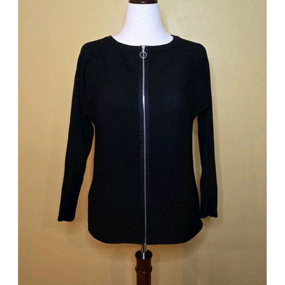 Cable and Gauge Black Knit Zippered Cardigan Womens Medium Rayon Ribbed - Picture 1 of 9